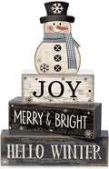 Lineshading 4 Pcs Snowman Christmas Table Decorations Black and White Wooden Snowman Stacked Block Sign Gifts Winter Tiered Tray Decor Rustic Winter Tabletop Centerpiece Farmhouse for Home Kitchen