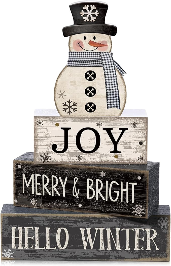 Lineshading 4 Pcs Snowman Christmas Table Decorations Black and White Wooden Snowman Stacked Block Sign Gifts Winter Tiered Tray Decor Rustic Winter Tabletop Centerpiece Farmhouse for Home Kitchen
