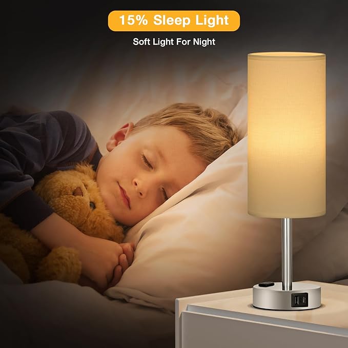 PartageiZ White Touch Nightstand Lamps Set - 3 Way Dimmable Bedside Table Lamp for Bedroom with USB Ports, Small Lamps with AC Outlet for Girls Dorm Nursery, Silver Base