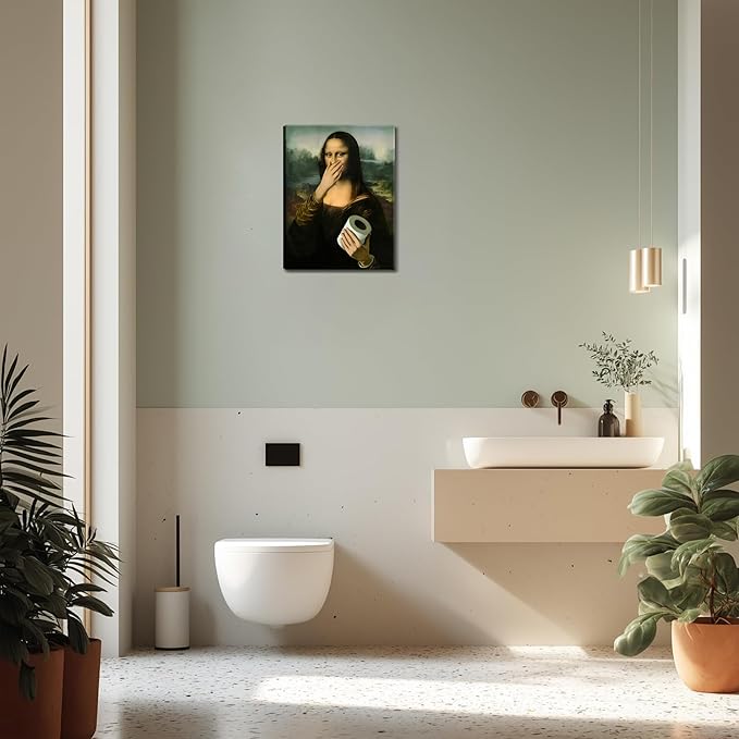 Funny Mona Lisa Canvas Wall Art for Bathroom Decor, Vintage Humor Amusing Toilet Art, Mona Lisa Classical Painting Picture, Whimsical Poster Print Bathroom Wall Decor for Home Decoration 12x16 inch