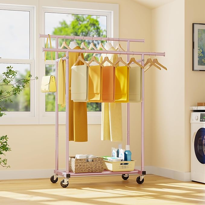 Double Rods Clothes Rack, Sturdy Rolling Clothing Rack, Portable Clothing Racks for Hanging Clothes - Metal Garment Rack Wardrobe Coat Rack for Bedroom Laundry Living Room, Pink
