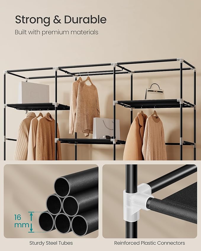 SONGMICS Portable Closet, Fabric Wardrobe, Clothes Rack with Shelves, Pockets, Large Capacity, 4 Hanging Rods, 74.4 x 17.7 x 70.9 Inches, Black URYG011BZ02