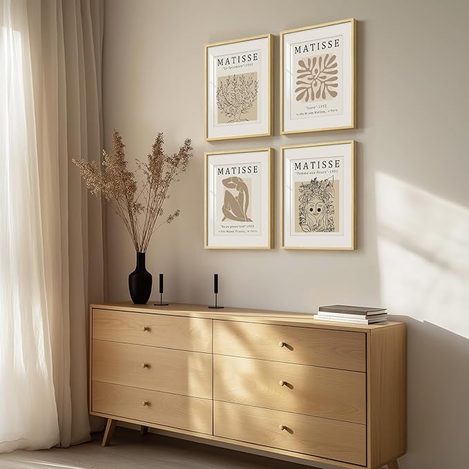 Framed Matisse Neutral Wall Art, Set of 4 Pieces Beige Wall Decor, Abstract Modern Minimalist Botanical Prints for Bathroom, Living Room, Dining Room, Bedroom, Home Office Decor 11x14