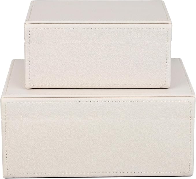 HofferRuffer Faux Leather Jewelry Boxes, Decorative Boxes Storage Accessory Organizer with Gold Hardware Decor, Classic Vegan Leather Set of 2 Pieces (CreamWhite)