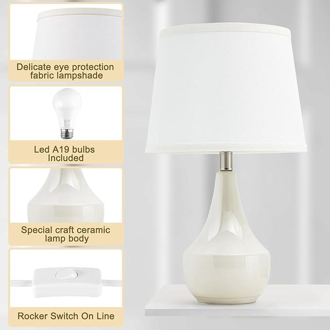 GyroVu 18" Table Lamp Set of 2, Ceramic Table Lamp Classic Beside Lamps Nightstand Lamp Modern Lamp for Living Room, Bedroom & Office Rocker Swtich Cream-LED Bulbs Included