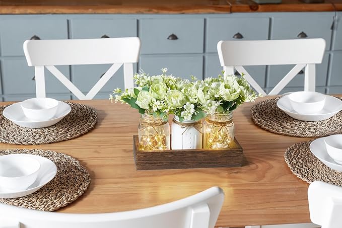 Mkono Mason Jar Lights Centerpiece Table Decor for Dining Room Farmhouse Wood Tray with 3 Jars Flowers Valentines Day Decoration for Coffee Table Kitchen Living Room Wedding