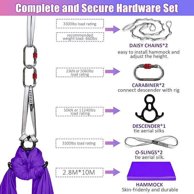 Aerial Silks Kit & Aerial Yoga Hammock - 11Yd Premium Fabric with Hardware - Easy Setup for Flying Yoga, Aerial Swing & Fitness - Supports Up to 14ft Rigging