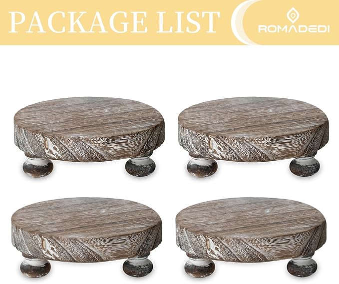 Romadedi Farmhouse Wood Riser for Display- 4 pcs Rustic Decor Mini Wooden Pedestal Stand Decorative Round Tray for Home Table Bathroom Counter Shelf Kitchen, Whitewash
