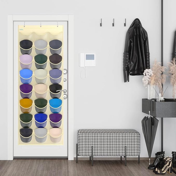 Unjumbly Baseball Hat Rack, 24 Pocket Over-The-Door Hat Organizer with Clear Deep Pockets to Display Baseball Caps Collection, Complete with 3 Over Door Hooks (Beige, 24 Pockets)