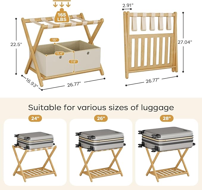 Fully Assembled Luggage Racks Pack of 2 with 4 Storage Boxes, Bamboo 26.77" Folding Luggage Stand for Guest Room, 5 Nylon Straps, Suitcase Stand with Storage Shelf for Bedroom Hotel, Natural