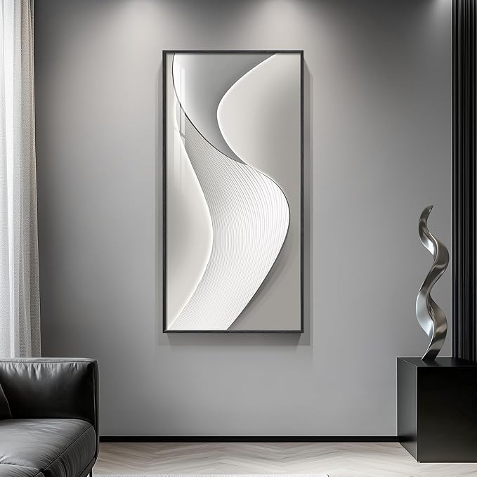 Large Framed Modern Abstract Vertical Wall Art for Living Room, Bright Style Luxury Art Prints Paintings Artwork for Walls, Silver Gray Minimalist Pictures for Hallway Entryway Foyer Stair Office Wall Decor 30x60 In