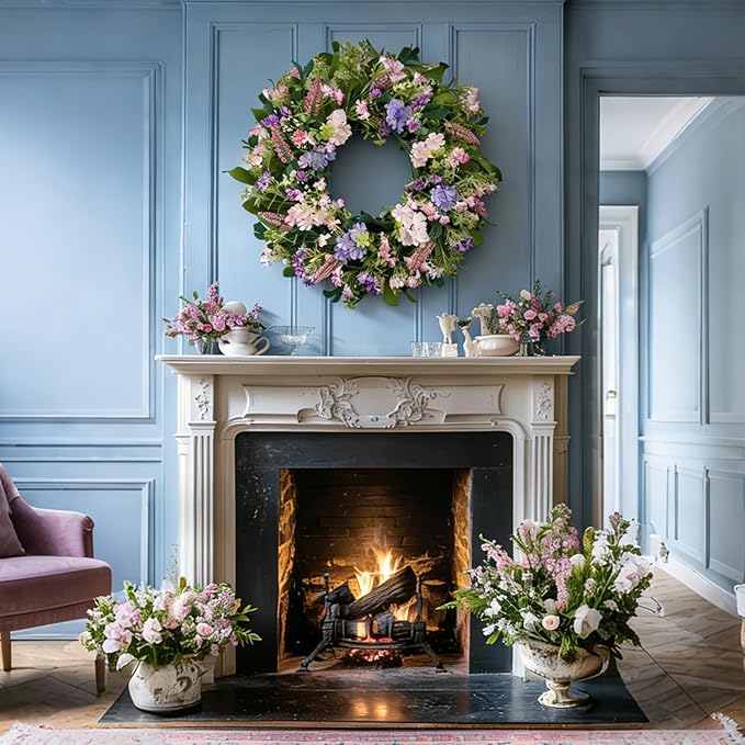 24 Inch Spring Summer Wreaths for Front Door, Purple Pink Hydrangea Wreath with Wildflowers Purple Forsythia, Artificial Silk Floral Wreath Farmhouse Rustic Decor for Outdoor Wall Window Home