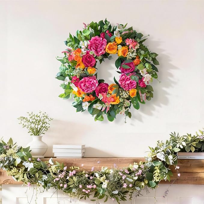 24 Inch Spring Wreaths for Front Door Outside,Handcrafted Garden Rose & Peony Style Summer Wreath with Pink,Orange Ivory Flowers- Lush Spring Door Wreath for Farmhouse Home Wall Porch Window