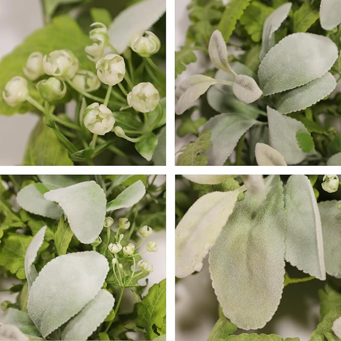 Green Year Round Wreaths 22 Inch Fabric Leaves Wreath with Lambs Ear Leaves & White Flowers, All Seasons Wreaths for Front Door Spring Summer Porch Wall Indoor Outdoor Farmhouse Decor
