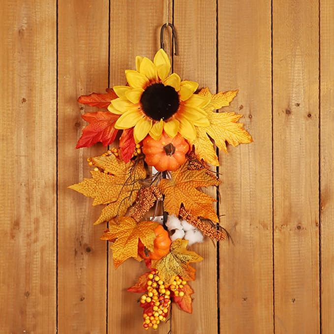 Ochine Artificial Fall Teardrop Swag - Autumn Harvest Hanging Flower for Front Door - Thanksgiving Halloween Christmas Decoration