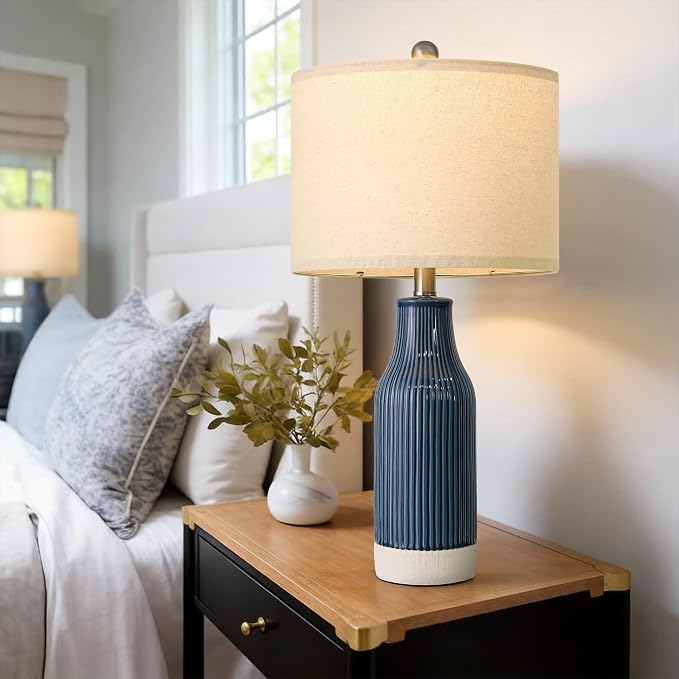 USumkky 23.75" Modern Blue Ceramic Table Lamp Set of 2 with 5FT Cord for Living Room, Farmhouse Bedside Nightstand Lamp for Bedroom Home Office Dorm
