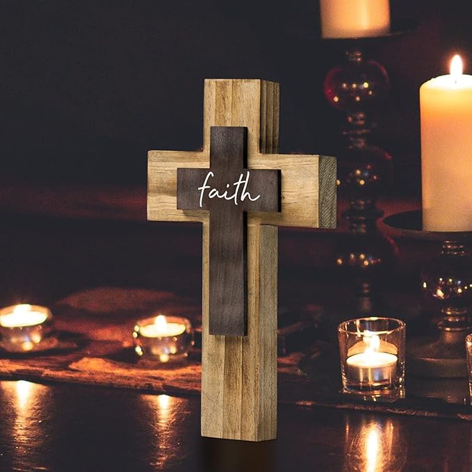 OKSQW Wall Wooden Cross Christians Crosses Spiritual Religious Cross With Hook Christmas Wall Hanging Handmade Nature Wood Color with Faith Design for Church Home Room Decor Wood Crucifix Gift