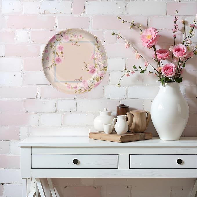 HABEN ARTWORK 8" Ceramic Plates for Display Delicate Pink Floral Frame Oriental Style Border Soft Pink Decorative Plate with Stand and Hook for Kitchen Dining Room Wall Hanging Decor