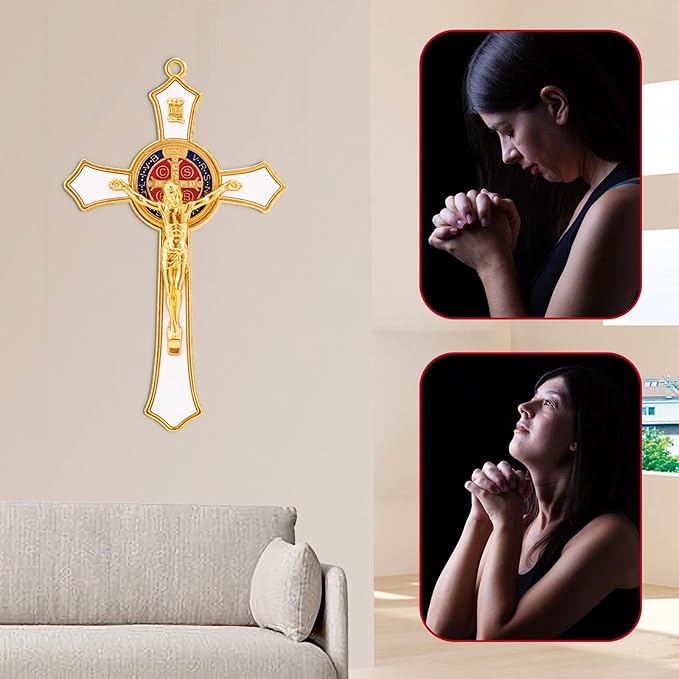 St Benedict Crucifix White,Crucifix Wall Cross for Catholic Decor,Medalla De San Benito,Jesus Christ Hanging Cross Wall Decor,Crucifijo Del Perdon,Saint Benedict Medal Prayer for Home Decoration