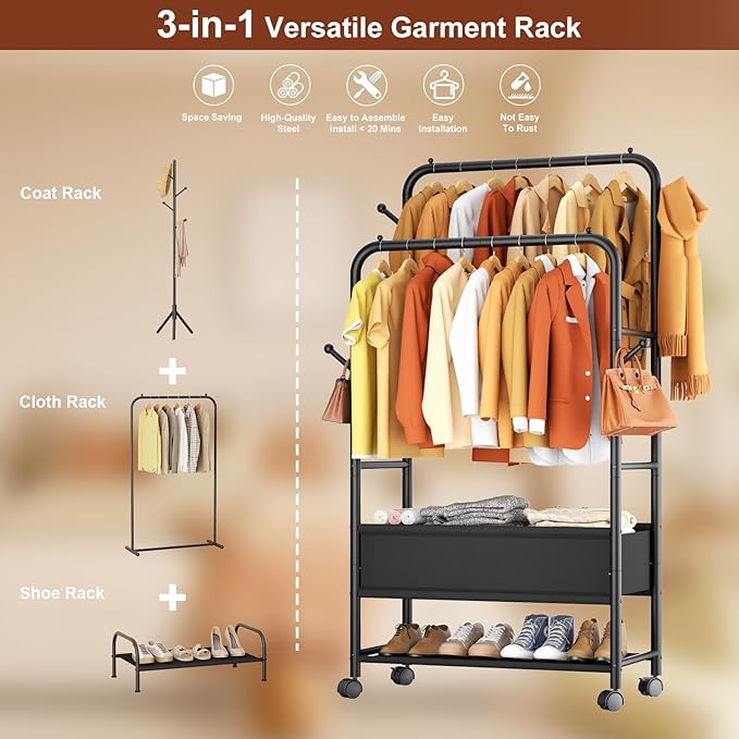 Furologee Clothing Racks for Hanging Clothes, Portable Rolling Garment Rack, Sturdy Metal Freestanding Clothes Rack with Wheels, Double Rods Wardrobe Racks for Bedroom Laundry Living Room