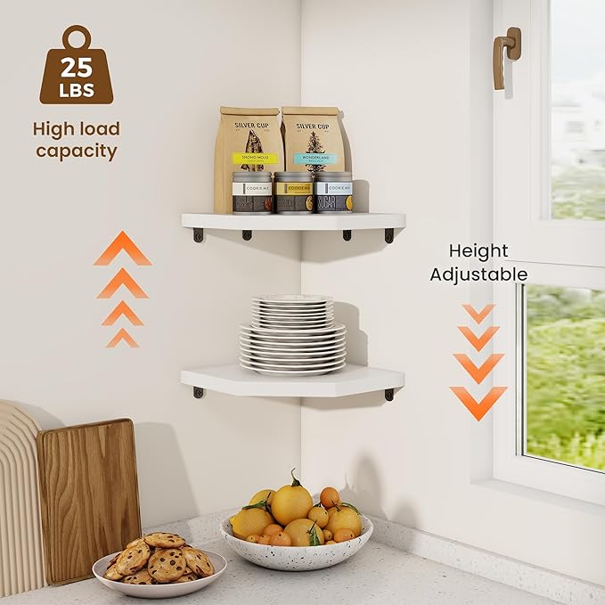 Fun Memories Corner Shelf Wall Mount Set of 2 - Solid Oak Wood Floating Corner Shelf with Cable Hole, 8.5in Rustic Design for Bedroom, Living Room, Kitchen (White)
