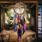 Dream Catcher Native American Boho Dreamcatcher Rattan Wall Decor, Handmade Natural Peacock Feathers Purple Colorful Beaded Hanging Ornament Indian Decor for Girls Bedroom(Purple Peacock Feather)
