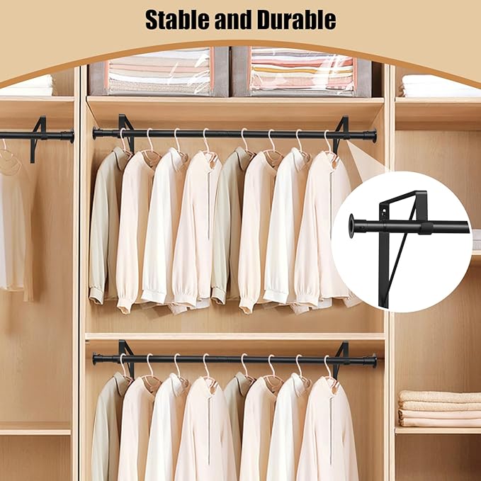 Closet Rod, 16 to 75 Inch Heavy Duty Adjustable Clothes Rod for Hanging Clothes and Heavy Duty Clothes Rod Bracket Rods Support (The Shelf NOT Included) (Black)