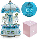 Carousel Music Box，Luxury Color Change LED Light Music Box,Luminous Rotating 3-Horse Musical Box with Gift Box for Girls Birthday Valentine Gift (Castle in The Sky, Blue)
