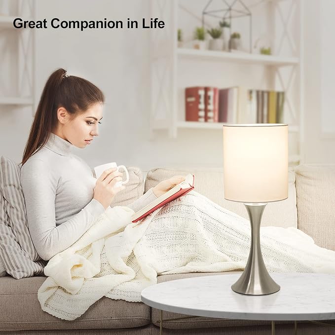 Touch Control Table Lamp, 3-Way Dimmable Bedside Lamp for Living Room, Modern Nightstand Lamp for Bedroom, Silver Table Lamp with White Shade, Desk Lamp for Dorm, Home, Office, 3000K LED Bulb Included