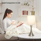 Touch Control Table Lamp, 3-Way Dimmable Bedside Lamp for Living Room, Modern Nightstand Lamp for Bedroom, Silver Table Lamp with White Shade, Desk Lamp for Dorm, Home, Office, 3000K LED Bulb Included