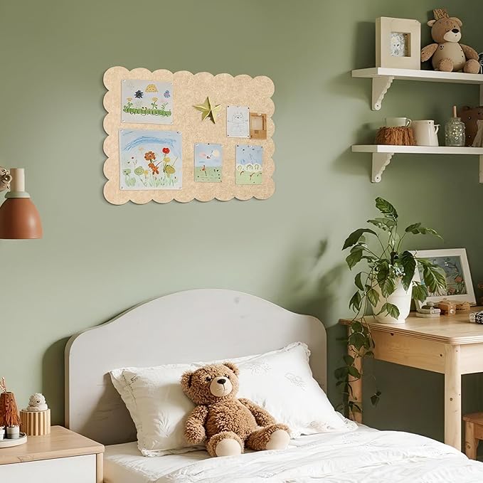 Lightomorrow Scalloped Bulletin Board, 24 x 18 Inches Felt Pin Board - Decorative Cork Alternative for Wall, Foldable Picture Self-Adhesive Vision Prayer Board with 20 Pushpins - Beige Brown