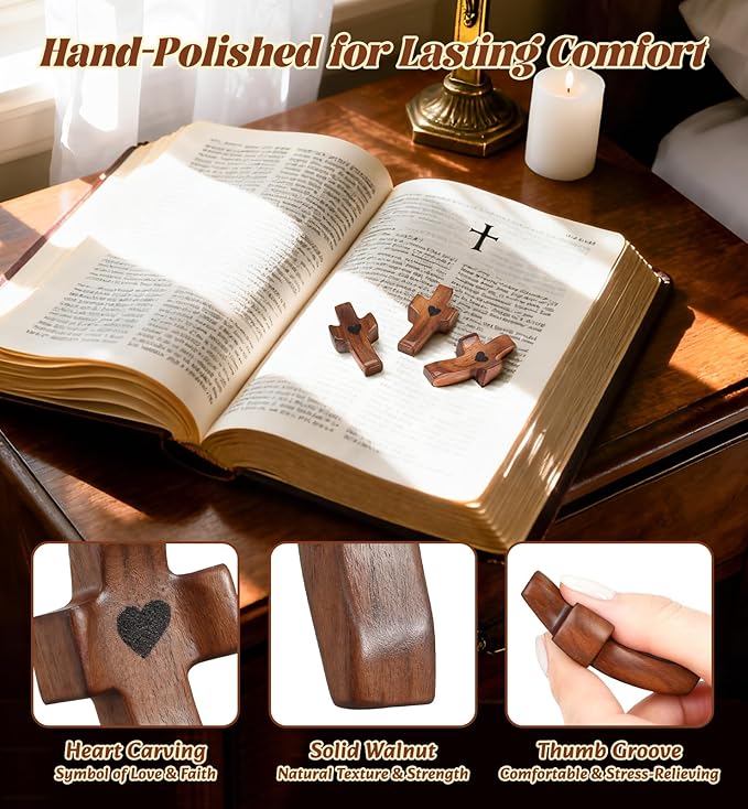 OrbitShell 10Pcs Wooden Cross Fidget with Organza Bags Cross My Heart/Encouragement Gift Handcrafted Walnut Pocket Cross Handheld Prayer Stress Relief Christian Faith Gifts Religious Easter Day Gifts