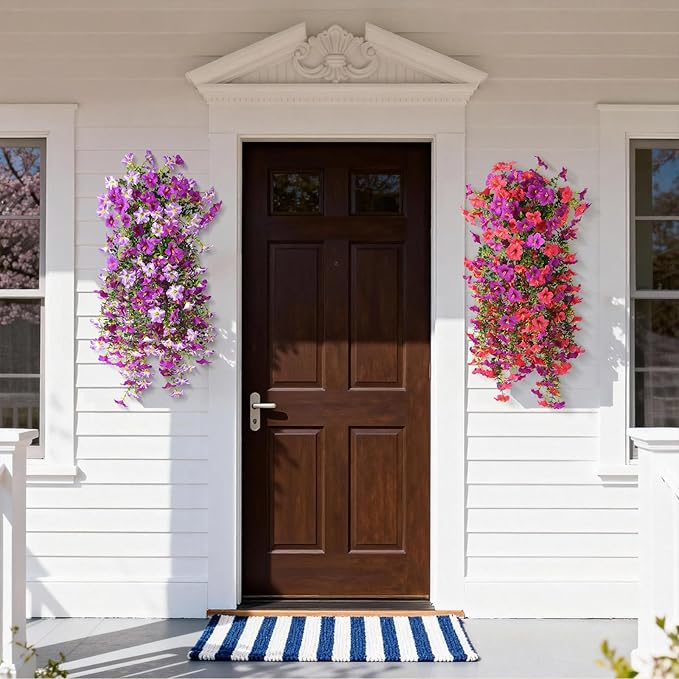 Artificial Fake Hanging Flowers Plants for Outdoor Spring Decoration,2 PCS Faux Silk Morning Glory with Eucalyptus Leaves,UV Resistant Realistic Trailing Vines for Balcony Porch Patio Yard Garden