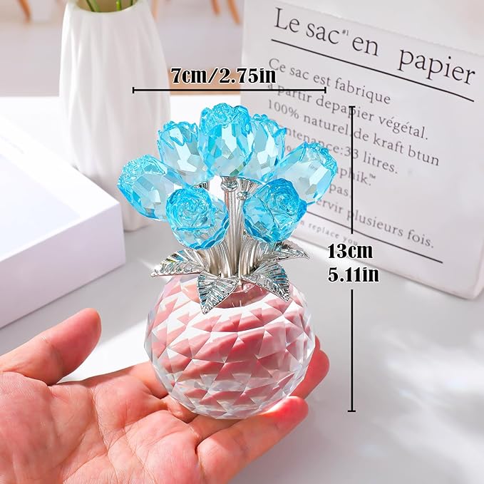 Arikyrist Crystal Lake Blue Rose Bouquet Figurine with Round Vase Gifts for Her, Glass Rose Flower Romantic Keepsakes for Women Mom on Christmas, Collectible Decoration Table Centerpiece for Home