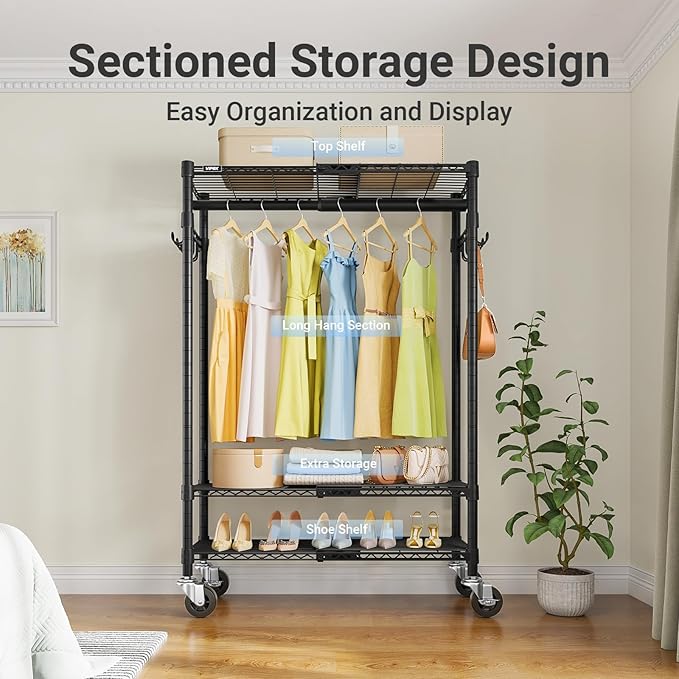 VIPEK R3X Expandable Clothes Rack with Lockable Wheels, 600 lbs Capacity Heavy Duty Rolling Garment Rack with Adjustable Width (2' to 3'5") Shelves, Space-Saving Storage Closet for Small Space (Black)