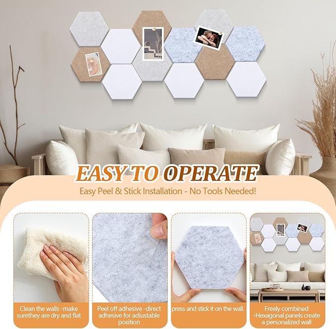 Mindsoft 16 Pcs Hexagon Cork Board for Walls with 50 Wooden Push Pins 6.7 x 5.9 in Felt DIY Tiles Notice with Nano Tape Hanging Bulletin Board for Home Photo Office Memo Note(Light Camel)