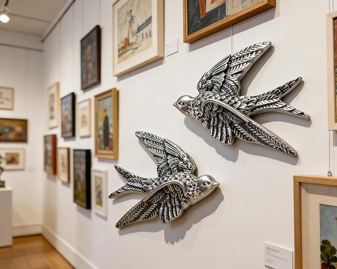 AMOIENSIS Bird Wall Sculpture Art, (Set of 2) 4¾ inch Resin Metallic Silver Bird 3D Sculpted Floating Hanging Wall Sculpture Decoration