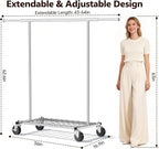 Heavy Duty Clothes Rack - Load 500 LBS, Rolling Clothing Rack for Hanging Clothes with Lockable Wheels & Shelves, Extendable Garment Rack for Bedroom, Laundry, Living Room, Silver