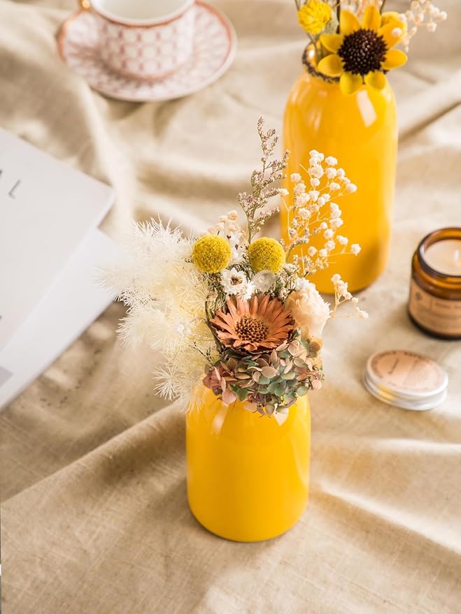 CWLWGO-Ceramic Yellow Vase Set of 3, Decorative Vases for Modern Farmhouse Decoration, Living Room Accents & Dining Table Centerpieces, Idea Bookshelf Mantel and Entrance Decor.