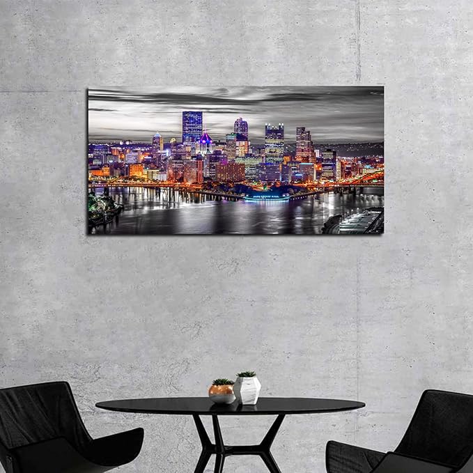 Pittsburgh Wall Art Living Room Decorations Black and White City Skyline Picture Modern Office Wall Decor Pennsylvania Nightscape Panoramic Canvas Prints Cityscape Painting Skyscraper Artwork 20x40"
