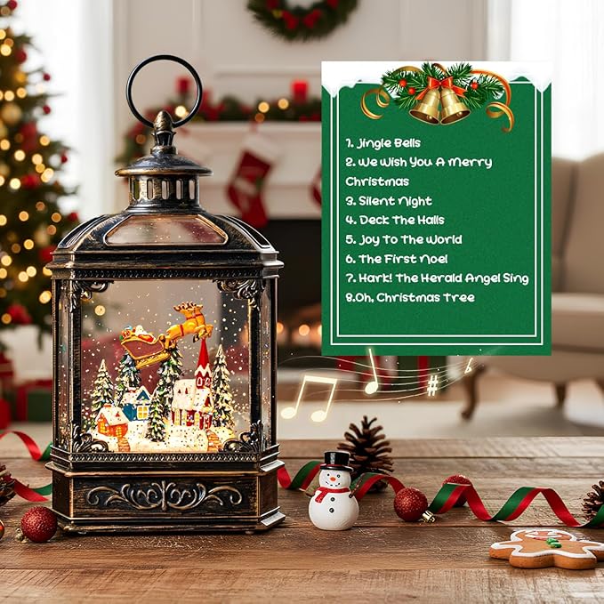 Christmas Snow Globe Swirling Glittering Lantern Santa Flying with Reindeer, USB Lined/Battery Operated Lighted Water Lantern for Christmas Festival Decoration Gifts