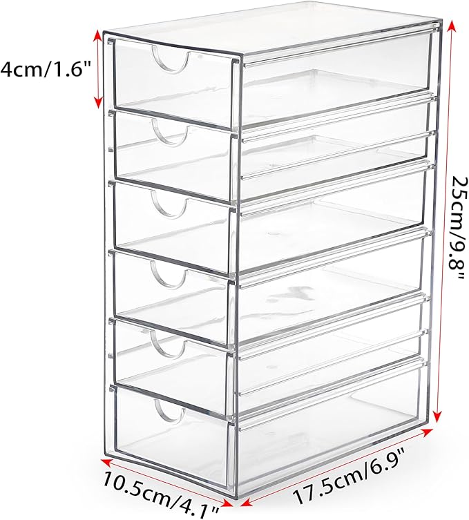 Hipiwe Plastic Drawer Organizer Clear Desktop Drawers Box with 6 Pull Out Drawer Compact Storage Box for Cabinet Vanity Bathroom Bedroom Pantry Shelf Office Closet Organization