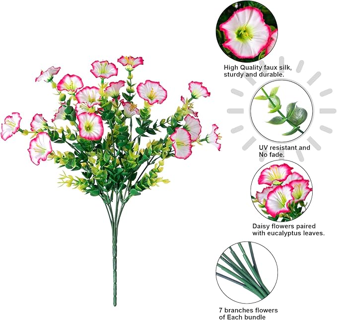 Artificial Fake Spring Outdoor Plants Flowers, 12 Bundles Outside Faux Silk Pink Morning Glory with Eucalyptus Realistic UV Resistant for Planter Pot Porch Garden Yard Patio Balcony Home Decoration