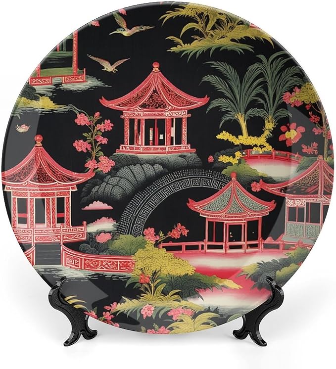 Chinoiserie Charcoal Coral Pagoda Asian China Plates of 6", 7", 9", 10", Customize Blue And White Plates, Office Festival Decorations Table, with Display Stand And Hook Up