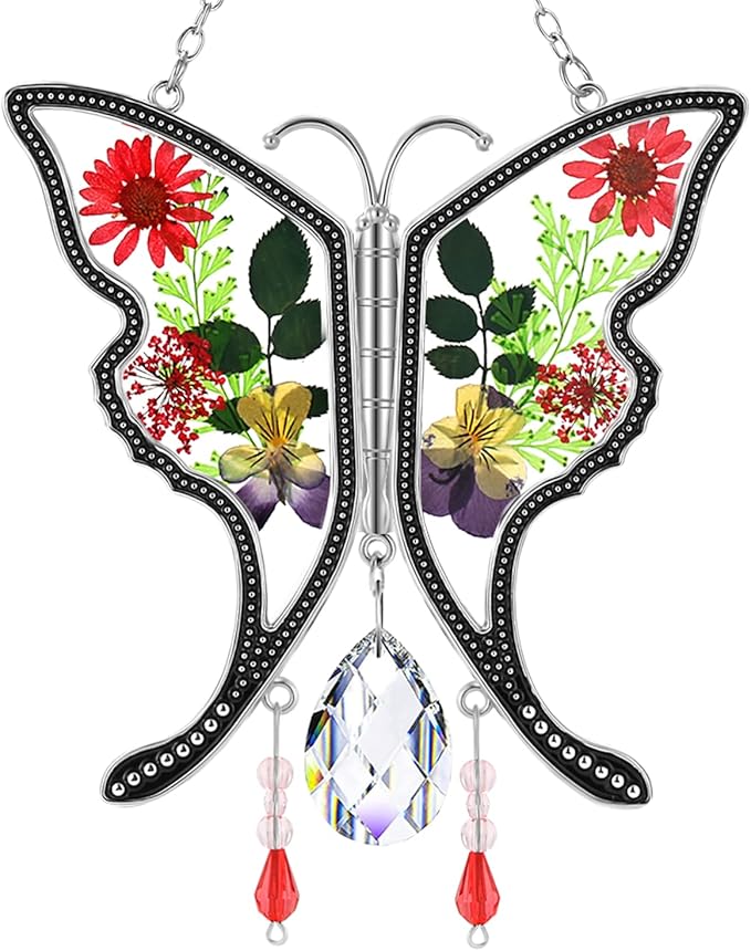 KY&BOSAM Butterfly Suncatcher Gifts for Mom Stained Glass Butterfly for Windows Hangings Wind Chime Ornament Pressed Rearl Flower Wings and Crystal Charm Birthday Gift for Mom Mother`s Day Christmas