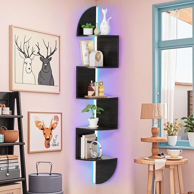Waipfaru Corner Shelf, 5 Tier Bookshelf with LED Light, Corner Shelf Wall Mounted, Floating Shelves for Wall, Display Stand for Bedroom, Living Room, Bathroom, Home, Office, Black