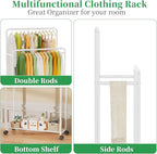 Simple Trending Clothing Clothes Rack Double Rods with Wheels, Rolling Metal Garment Rack for Hanging, White