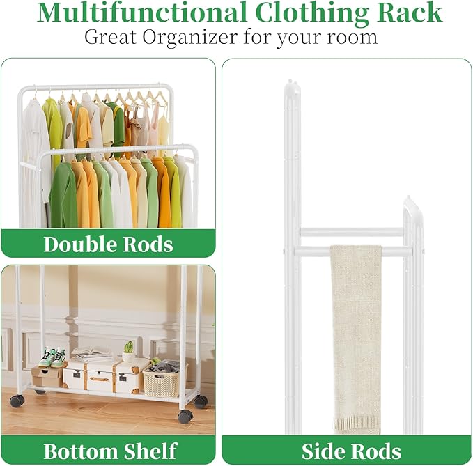 Simple Trending Clothing Clothes Rack Double Rods with Wheels, Rolling Metal Garment Rack for Hanging, White