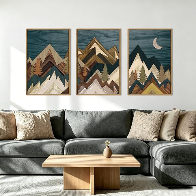 BINCUE Extra Large Mountain Wall Art Moon Froest Wall Decor Nature Landscape Art Print Framed Mountain Artwork Farmhouse Rustic Wall Paintings Large Landscape Artwork for Living Room Bedroom Office 24x36 Inches Set of 3