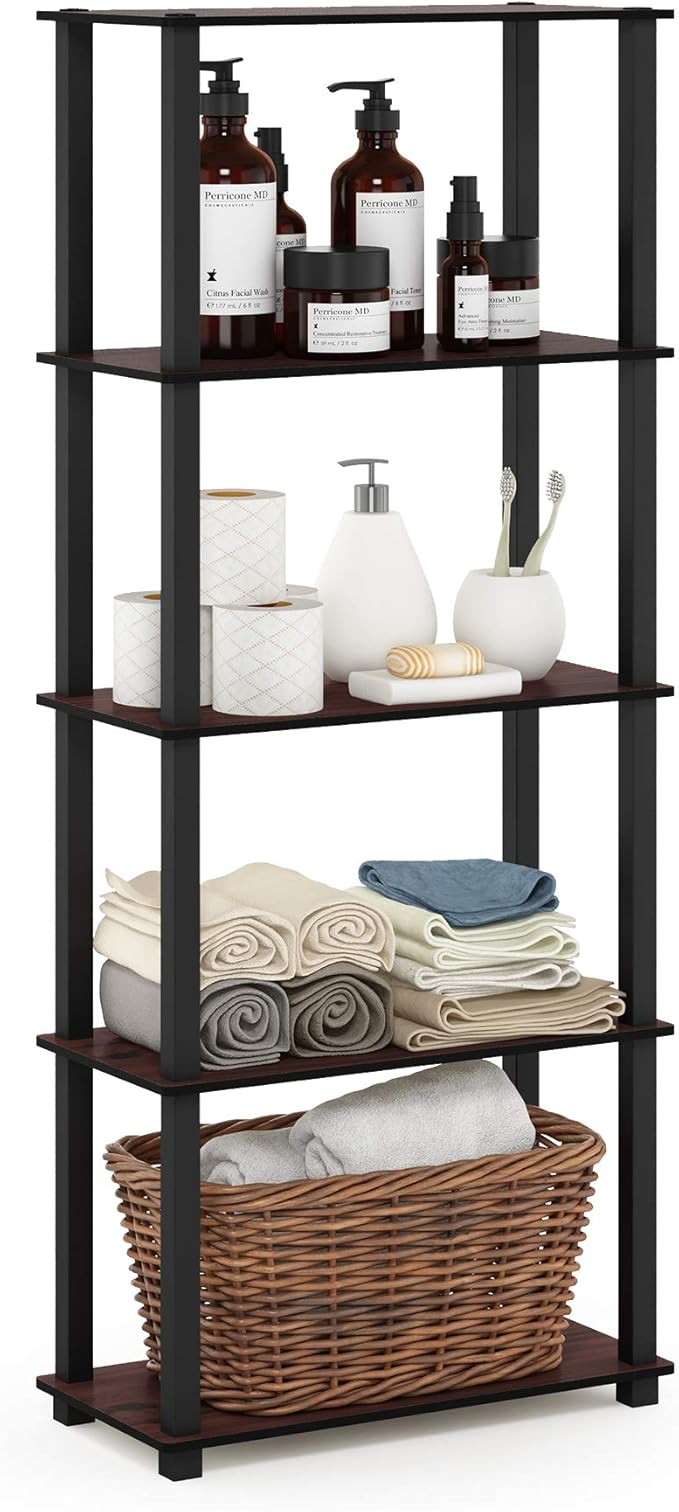 Furinno Turn-N-Tube 5-Tier Multipurpose Shelf / Display Rack / Storage Shelf / Bookshelf, Square Tubes, Dark Cherry/Black